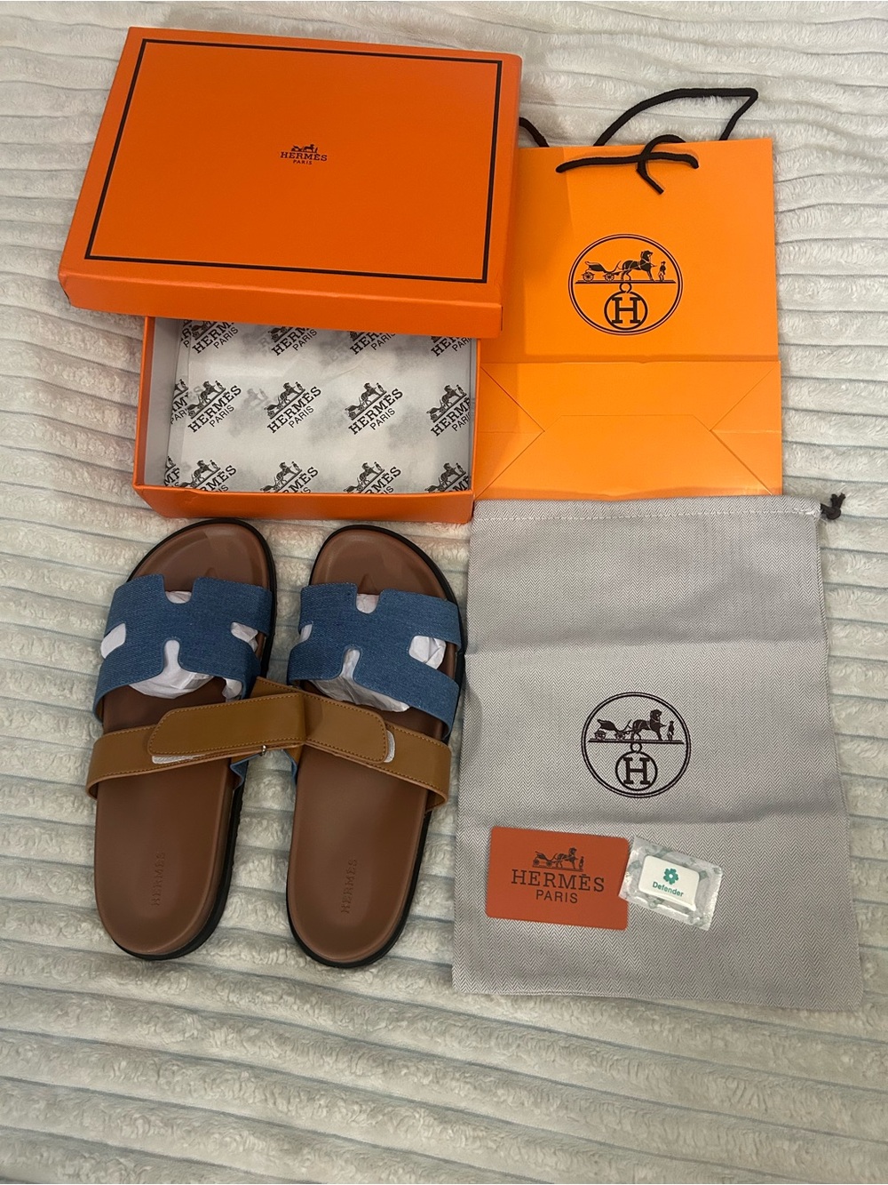 Hermès Blue Canvas and Brown Leather Slide Sandals
